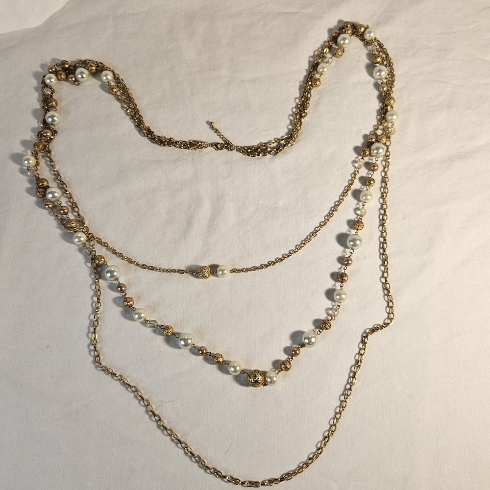 Vintage Gold Toned and Pearl Layered Necklace Long